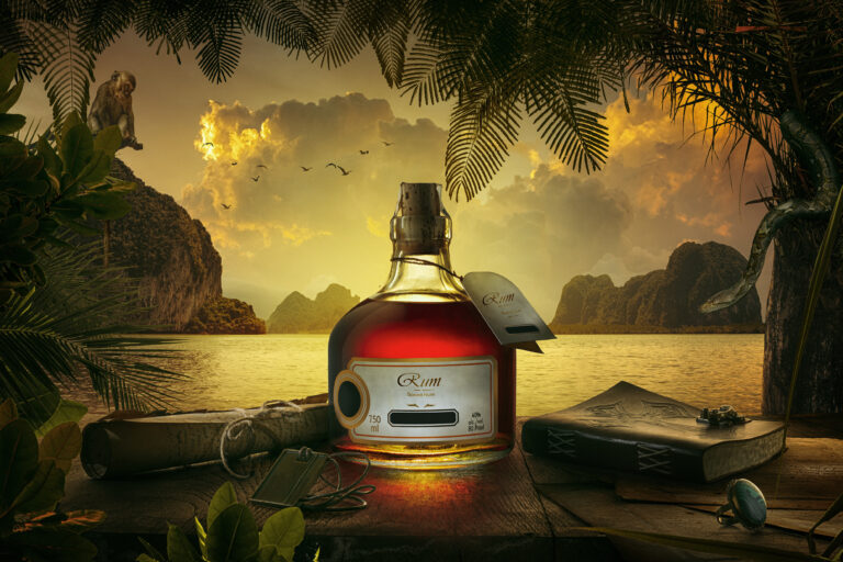 NO LOGO OR TRADEMARK! SELF MADE LABELS!  view of bottle of rum  on sunset background.