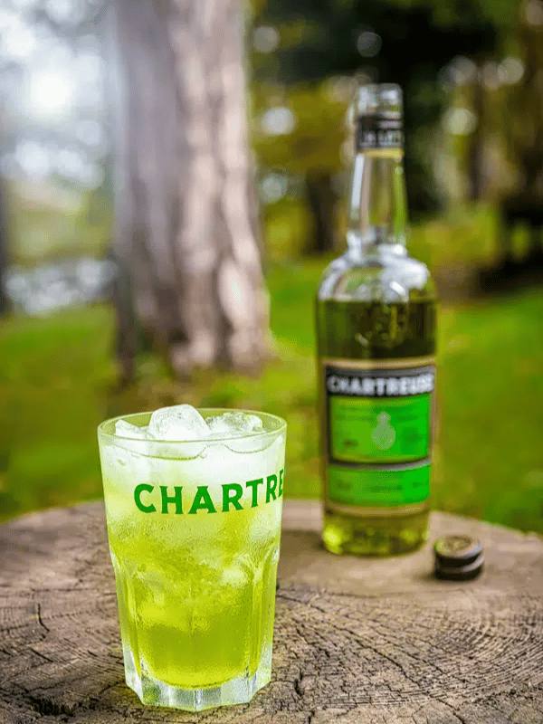 Chartreuse Moodbild - Chatreuse flasche steht hinter gefülltem Glas auf Baumstamm
