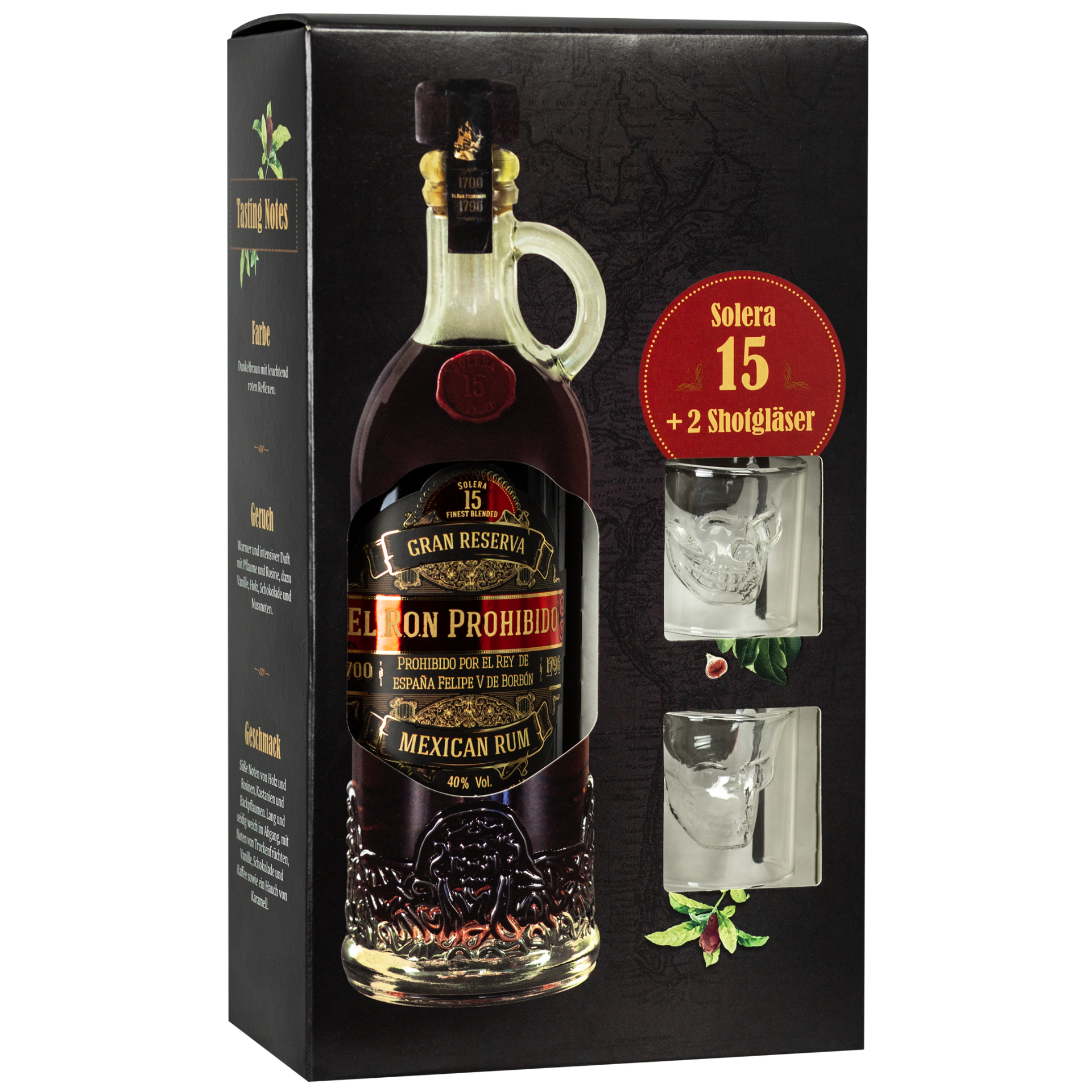 El Ron Prohibido Rum 15 Jahre 40% 0,7l + 2 Totenkopf Gläser