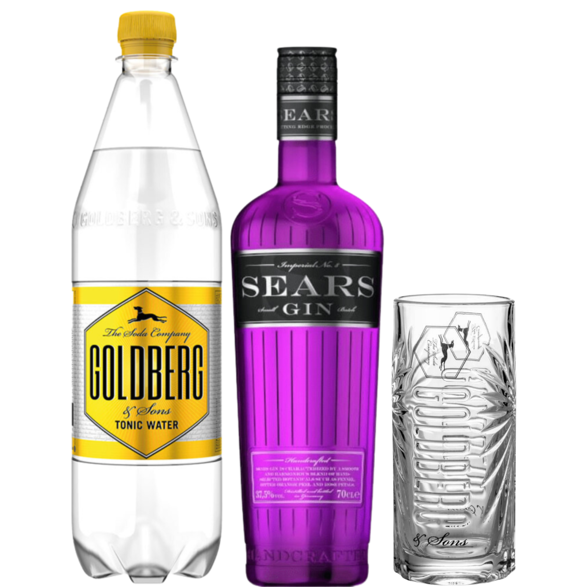 Sears Gin 37,5% 0,7l + Goldberg Tonic Water 1l + Sears Glas