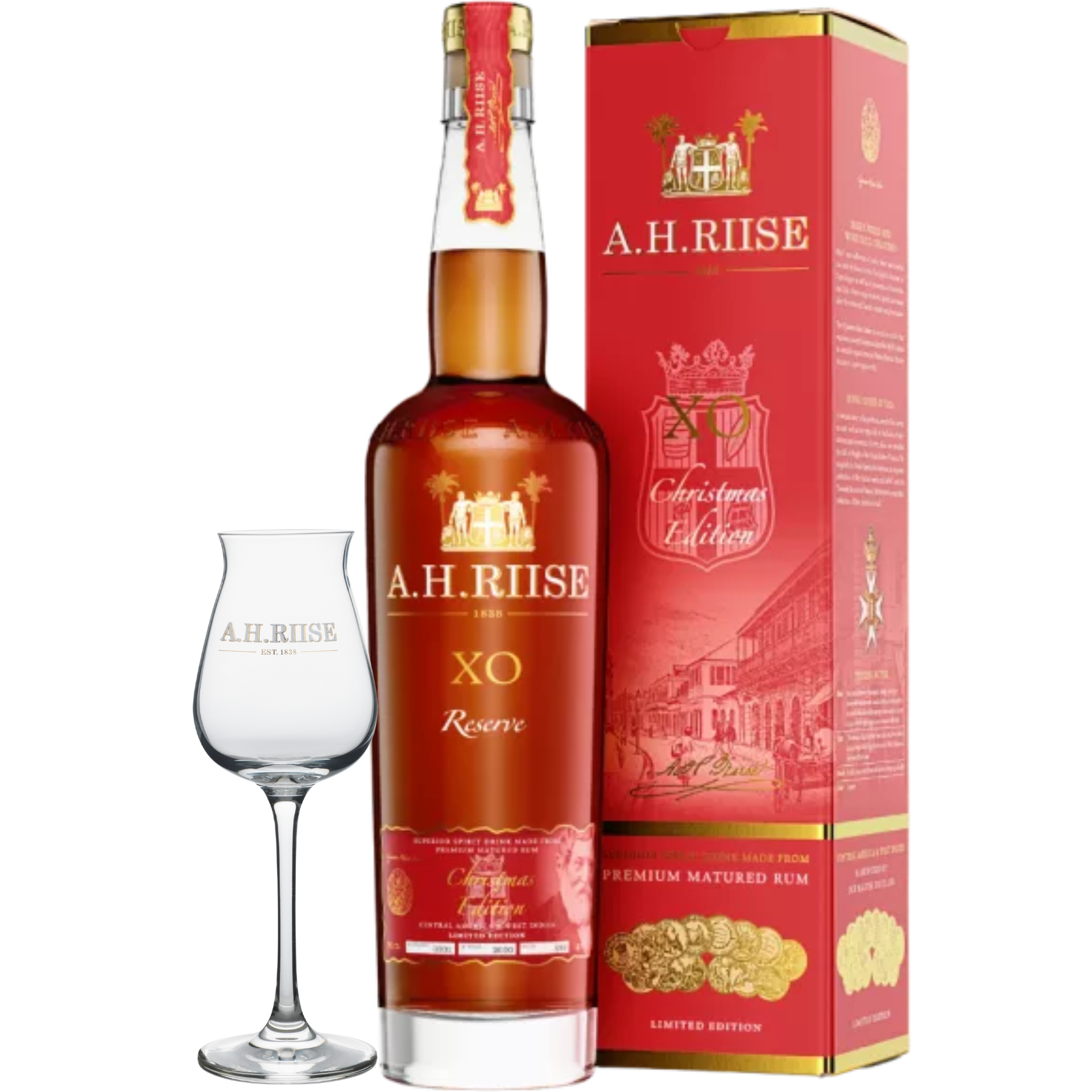A.H. Riise XO Reserve Christmas Edition 40% 0,7l + A.H. Riise Glas