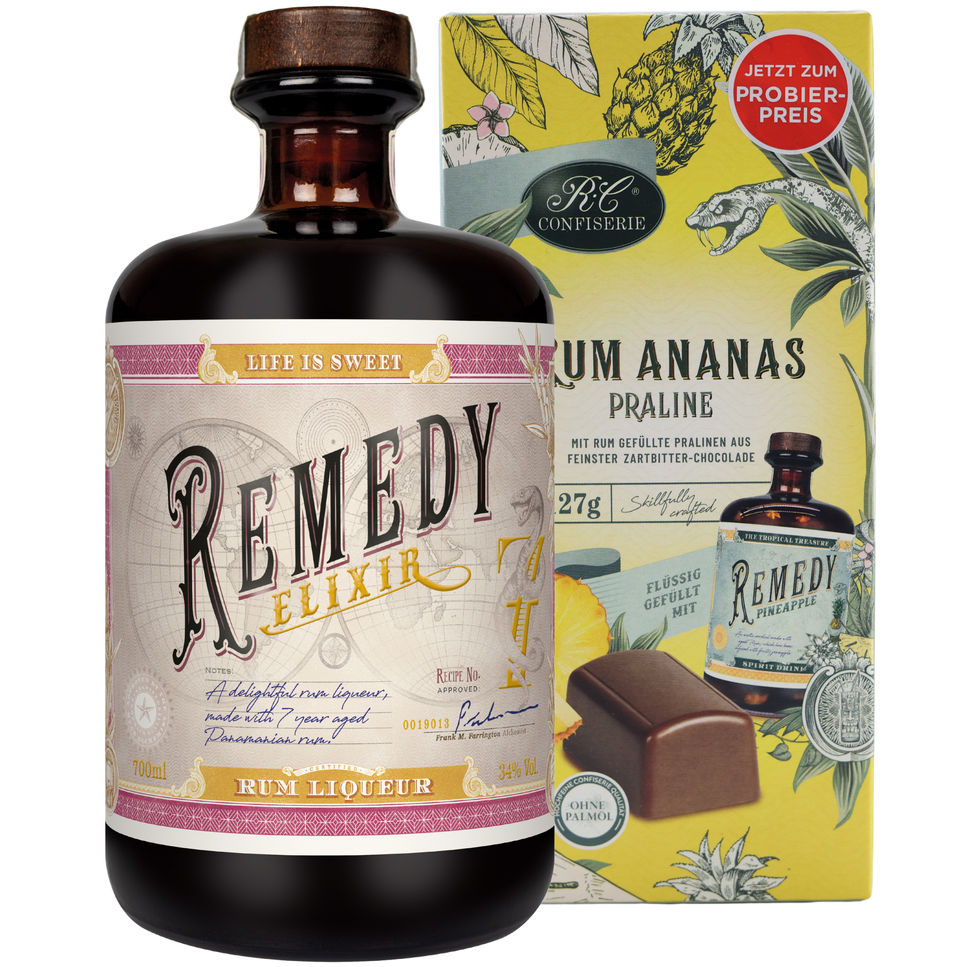 Remedy Elixir Rum Liqueur 34% 0,7l + Remedy Pralinen