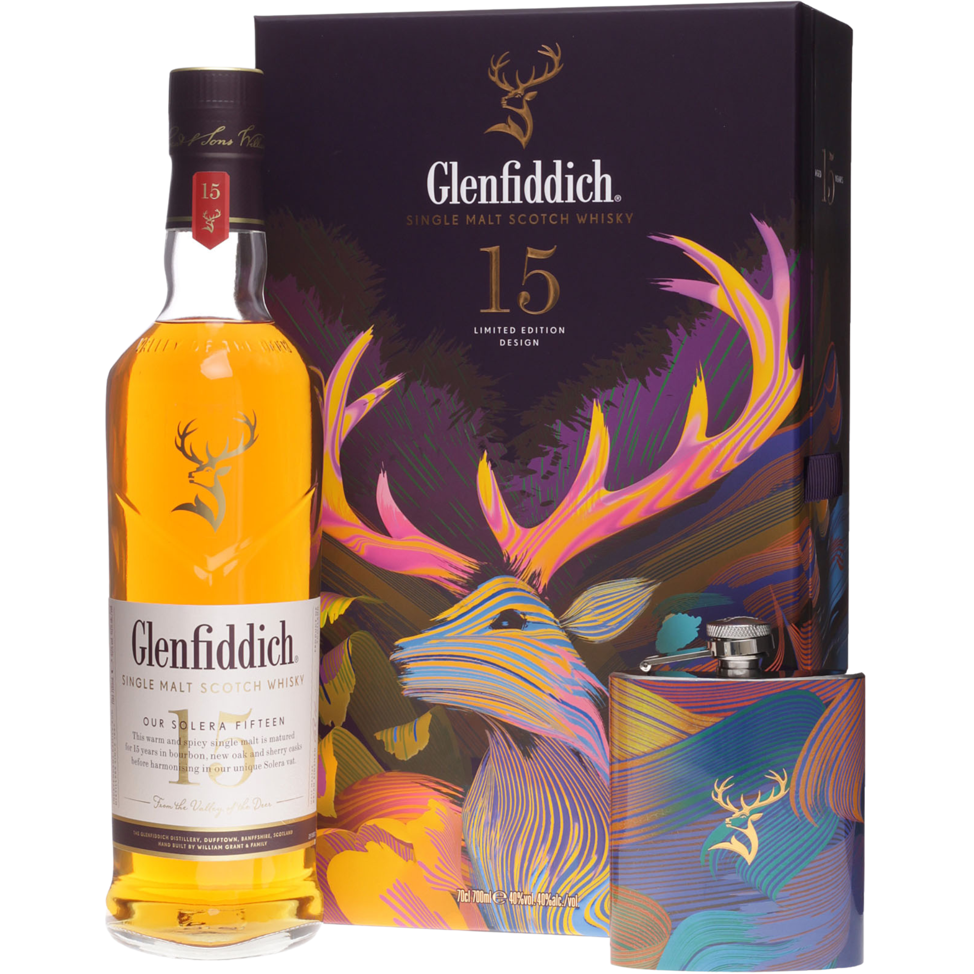 Glenfiddich 15 Jahre Unique Solera Reserve Speyside Whisky + Flachmann