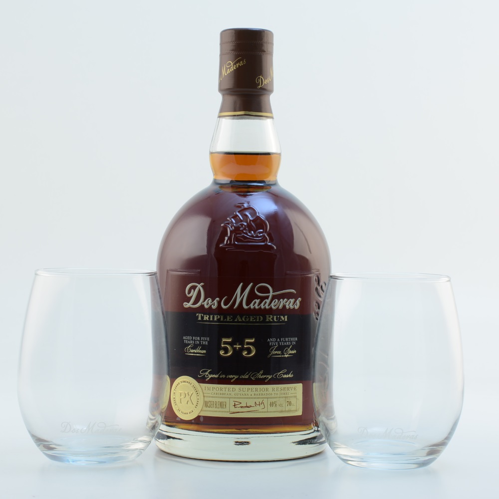 Dos Maderas Ron PX 5+5 Jahre Rum 40% 0,7l & 2 Gläser Geschenkbox