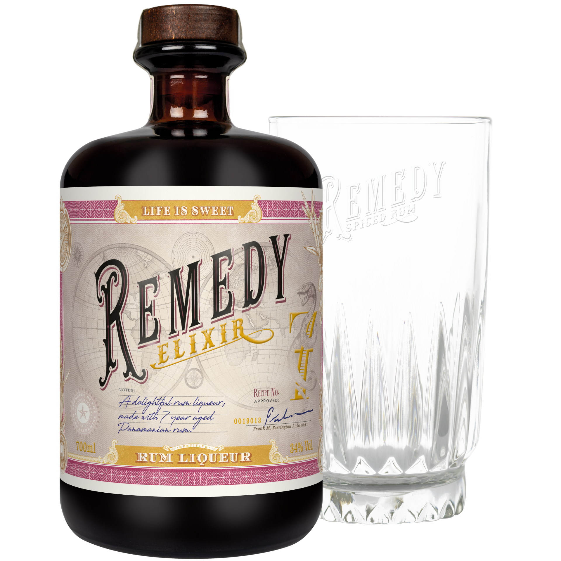Remedy Elixir Rum Liqueur 34% 0,7l + Longdrink Glas