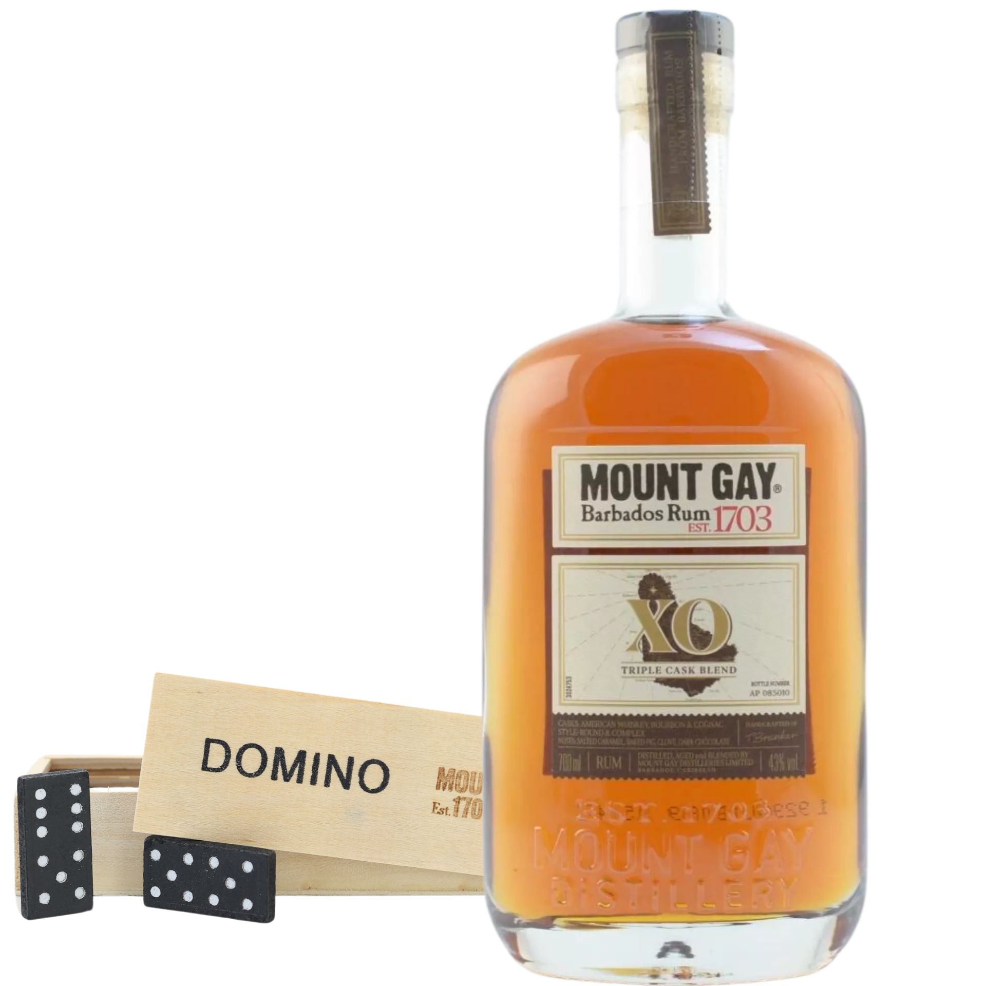 Mount Gay Rum XO Triple Cask Blend 43% 0,7l + Domino-Spiel
